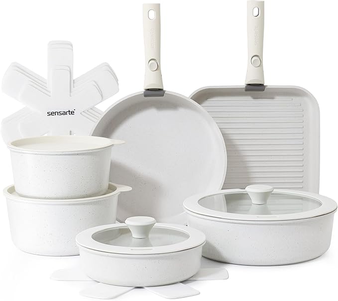 SENSARTE 17 Piece Pots and Pans Set, Nonstick Detachable Handle Cookware Set, Induction Kitchen Cookware Set with Removable Handle, Healthy Non Stick for RV, Dishwasher 竊?Oven Safe, PFOA Free (White)