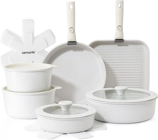 SENSARTE 17 Piece Pots and Pans Set, Nonstick Detachable Handle Cookware Set, Induction Kitchen Cookware Set with Removable Handle, Healthy Non Stick for RV, Dishwasher 竊?Oven Safe, PFOA Free (White)