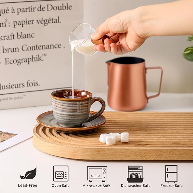 Ceramic Espresso Cups with Saucers 5 Oz,Set of 4 Porcelain Demitasse Cups Set,Small Coffee Cups with Handle for Coffee,Tea,Latte and Macchiato,Cappuccino Mugs for Kitchen and Cafe,Brown