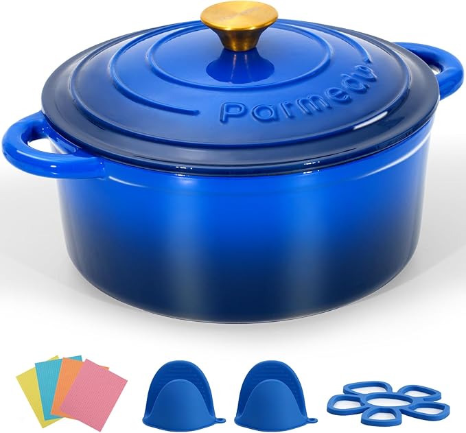 Parmedu 5.5 Quart Enameled Cast Iron Dutch Oven Pot with Lid, Heavy-Duty, Oven Safe up to 500째 F & Across All Cooktops, Perfect for Bread Baking, Stews, Braising & Roasting, Sapphire Blue