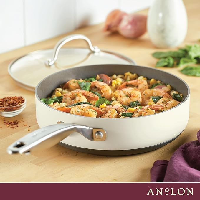 Anolon Achieve Hard Anodized Nonstick Saut챕 Pan with Lid, 3 Quart - Cream