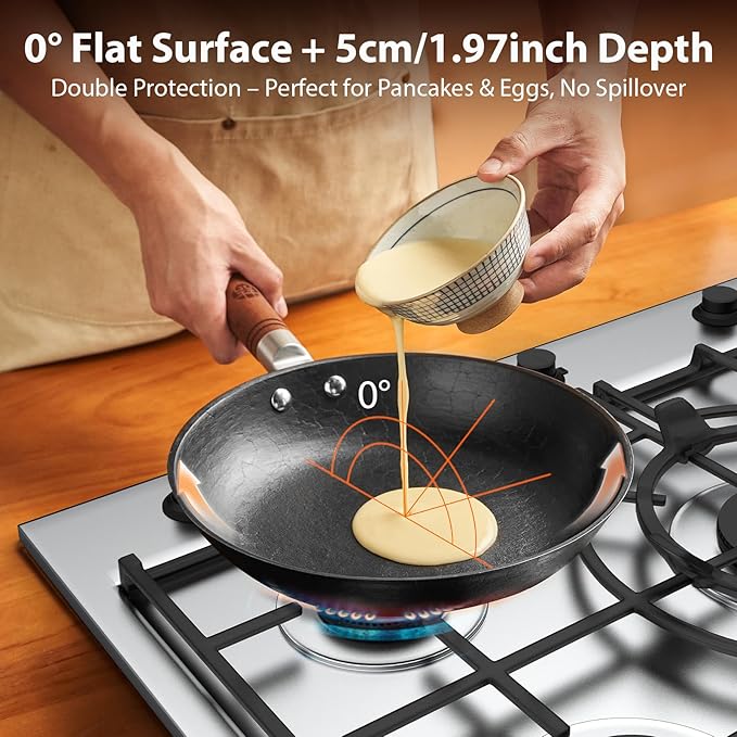 WANGYUANJI 10.2 Inch Cast Iron Skillet & Griddle Pan with Glass Lid, Deep Flat Bottom Frying Pan, Uncoated Small Pan for Eggs, Pancakes & Bacon, for Gas, Electric & Induction Cooktops