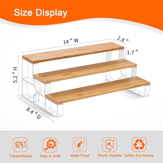 junyuan Spice Rack,3 Tier Spice Organization for Cabinet,Seasoning Organizer,Kitchen Counter Shelf,Bamboo Tiered Display Stand,Clear Extended Width 14"