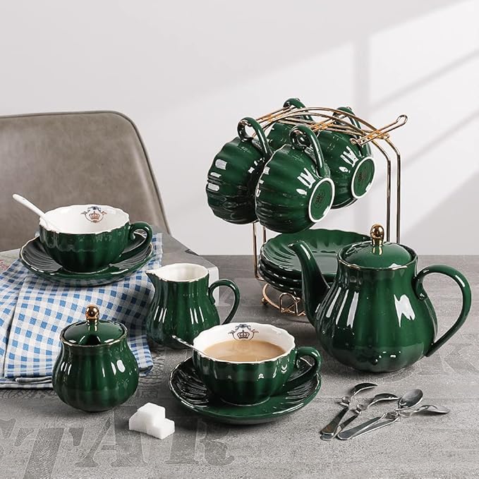 Sweejar Porcelain Tea Sets British Royal Series, 8 OZ Cups& Saucer Service for 6, with Teapot Sugar Bowl Cream Pitcher Teaspoons and Tea Strainer, Suitable for High Tea, Wedding, Party (Jade)