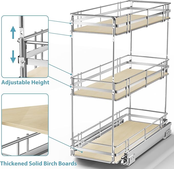 Pull Out Spice Rack Cabinet Organizer 7" W x 20쩍" D, 3 Tier Heavy Duty Slide Out Wood Shelf for Narrow Cabinet, Pull Out Storage for Kitchen