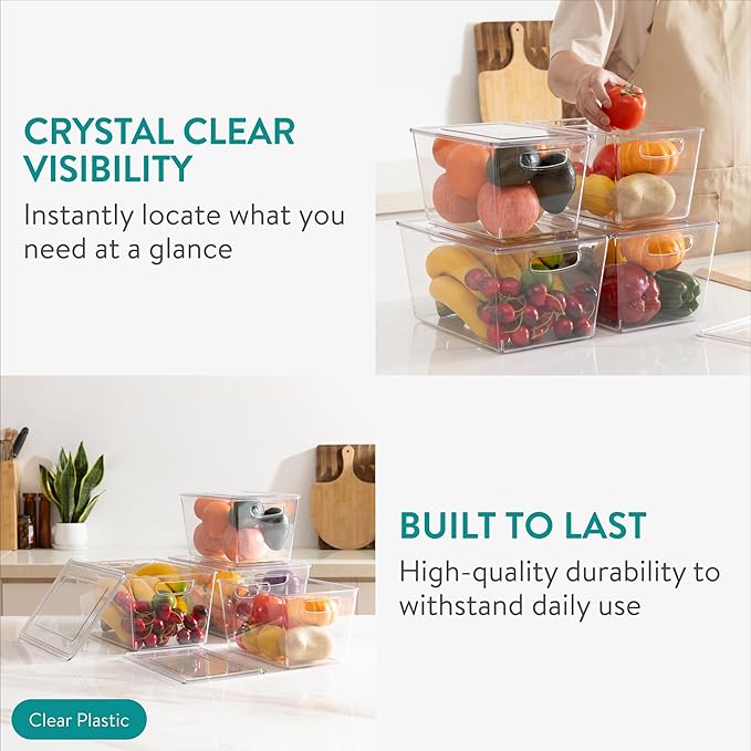 Navaris Fridge Storage Containers with Lids - Stackable Space-Saving Organizers - Large Capacity for Kitchen Pantry Organization - Set of 4 (3QT/4.9QT - 2.85L/4.6L)
