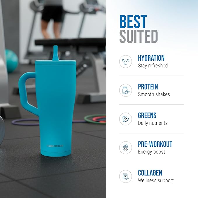 Ice Shaker 32 oz Tumbler with Handle and Straw | 32oz Caribbean Blue | Cold for 30+ Hours | 2-in-1 Tumbler Shaker Bottle | Odor-Free 32 ounce Bottle for Water, Protein Shakes, Smoothies, Cocktails