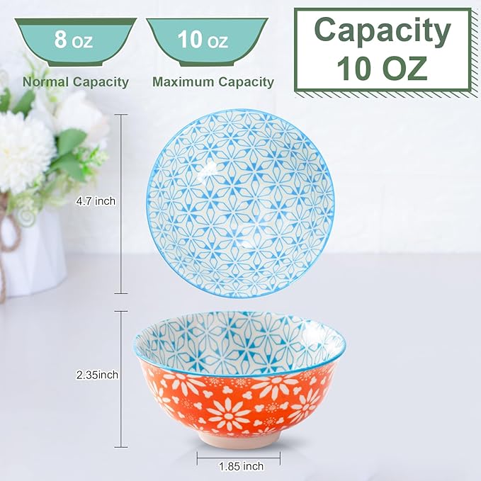 AntoKueh Colorful Ceramic Bowls 10oz, 4.7in small cereal bowl Set of 6 for ice cream, Dessert, Porcelain bowl for Dipping, Sauce, Dishwasher/Microwave safe