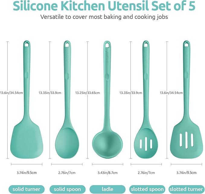 600쨘F Heat Resistant Kitchen Utensil: U-Taste 13.6" Extra Long Silicone Cooking Tools Set, Food-Grade Non-Stick Solid and Slotted Turner Spatula, Mixing Spoon, and Soup Ladle (5 Pieces, Aqua Sky)