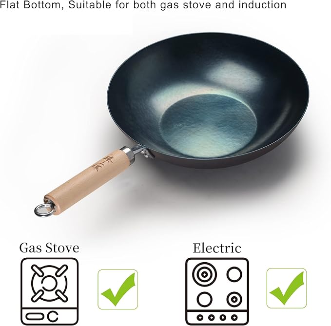 ?삡툒??ZhenSanHuan HandHammered Iron Wok Flat Bottom Induction Suitable (34CM Iron Handle with Help)