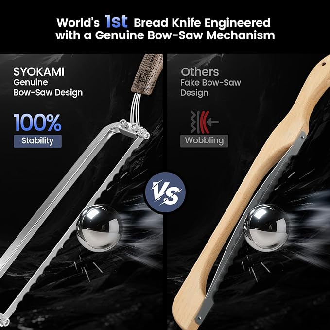 Left-Handed Bread Knife for Homemade Bread, World's 1st Real Bow-Design Sourdough Bread Slicer, Razor-Sharp Cutter for Crusty Sourdough & Baguette, 4 Thickness Scale Marks, Christmas gift