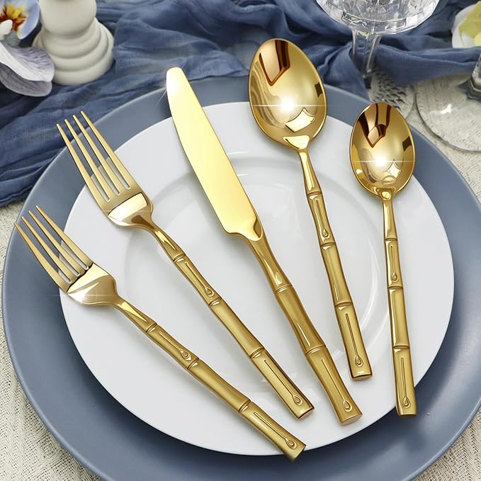 Silverware 40-Piece Stainless Steel Mirror Polishing Gold Flatware Set Bamboo Pattern Cutlery Set Service for 8