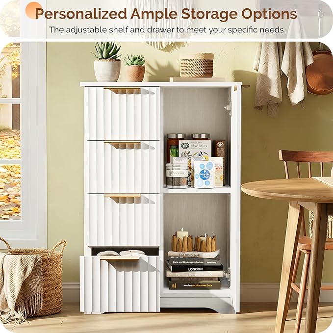 VINGLI Fluted Sideboard Buffet Cabinet, Modern White Wood Storage Console with Doors and Drawers, Multi-Function Storage Cabinet for Living Room, Dining Room, Kitchen, White