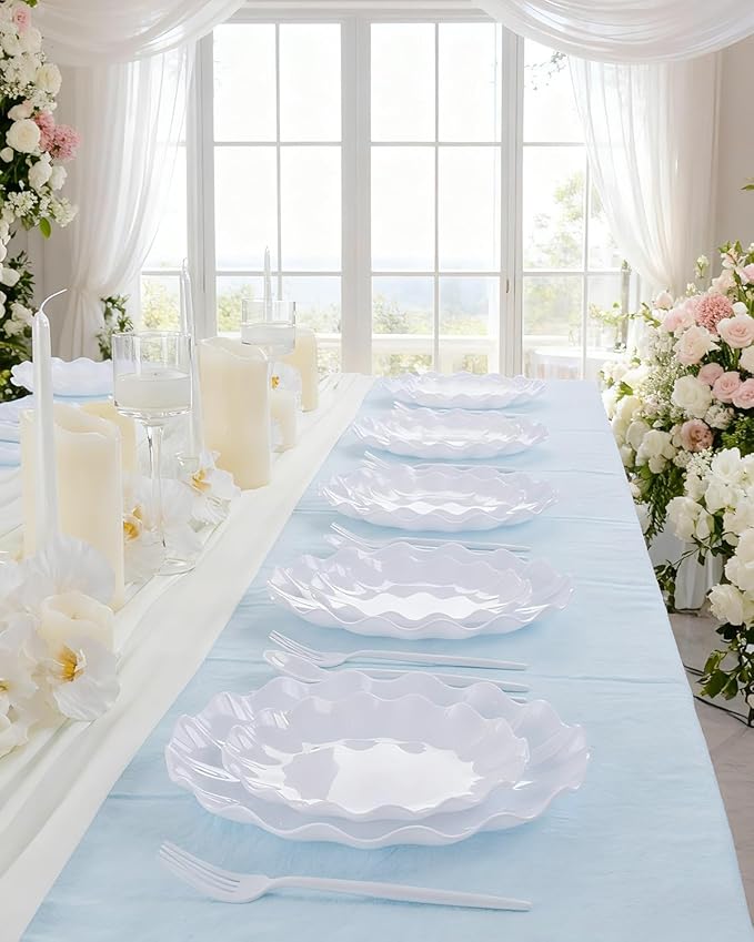 LIYH 20 Pcs 10 Incn White Scalloped Plastic Plates Reusable - Unbreakable Plastic Dinner Plates Camping Outside Plate Dishwasher Safe for Wedding Parties Birthdays Picnics - BPA Free