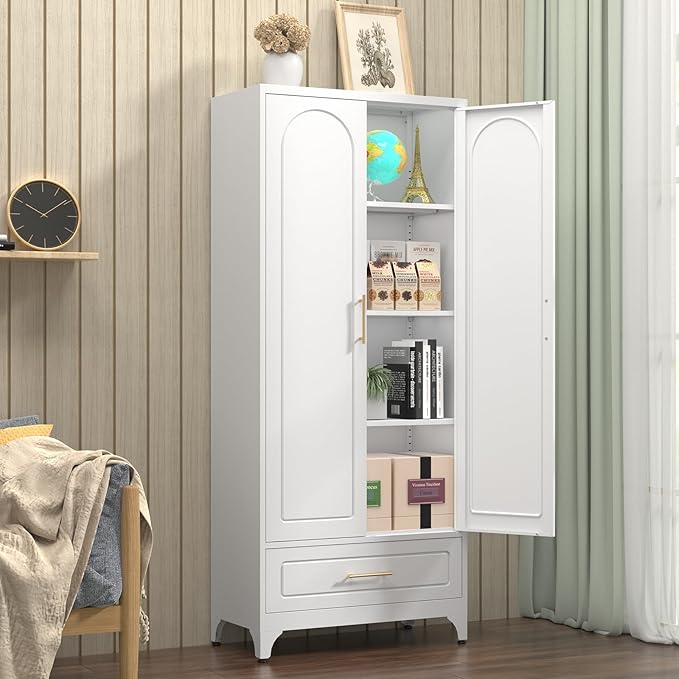 White Pantry Cabinet with Drawer, 75 Inch Tall Kitchen Cabinet, Metal Storage Cabinets with Doors and Shelves, Steel Food Pantries, Large Freestanding Cupboard for Dining Room-Assemble Required