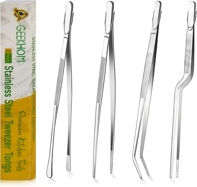 GEEKHOM 4-Pcs 12-Inch Commercial Kitchen Tongs: Professional Stainless Steel with Serrated Tips & Secure Grip (Silver)