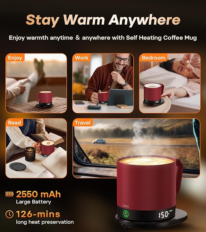 Heated Coffee Mug Rechargeable - Temperature Control Self Heating Coffee Mug 14oz with Lid, Double Sided & Real-Time LED Display, Hot up to 150?? Birthday Gifts for Women and Men(Red)