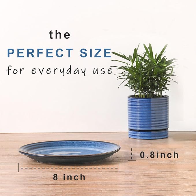HASENSE Salad Dessert Plates, 8 Inch Ceramic Dinner Plate Set of 6, Small Round Serving Dishes for Appetizer, Fruit, Cake, Snack, Blue Reactive Glaze Kitchen Gift, Microwave Dishwasher Safe