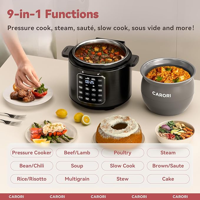 9-in-1 Electric Pressure Cooker 6 Qt, Dual Inner Pots, Stainless Steel Pot and Non-Stick Pot, 12 Preset Cooking Programs with IMD Touchscreen, Safe Vent, Slow Cook, Rice Cook, Steam, Black
