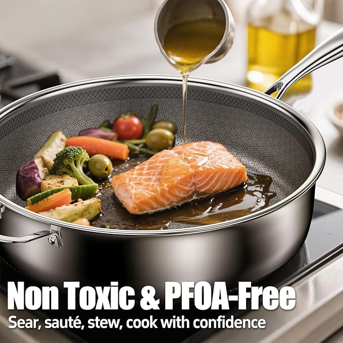 5 Qt Saut챕 Pan with Lid, 10-inch 5 Ply Stainless Steel Sauce Pan with Lid, Non Stick Frying Pans, Cooking Pot Deep Frying Pan Non-Toxic, For Induction, Oven, Dishwasher Safe