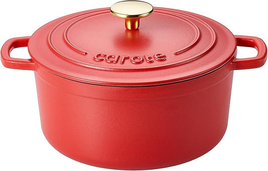 CAROTE Enameled Cast Iron Dutch Oven Pot with Lid, 4 QT Dutch Ovens, Heavy-Duty Cast Iron Pot for Sourdough Bread Baking, Braising, Stews, Roasting, Healthy & Non-Toxic, Dual Handles, All Stovetop Compatible, Oven Safe up to 500째 F, Red
