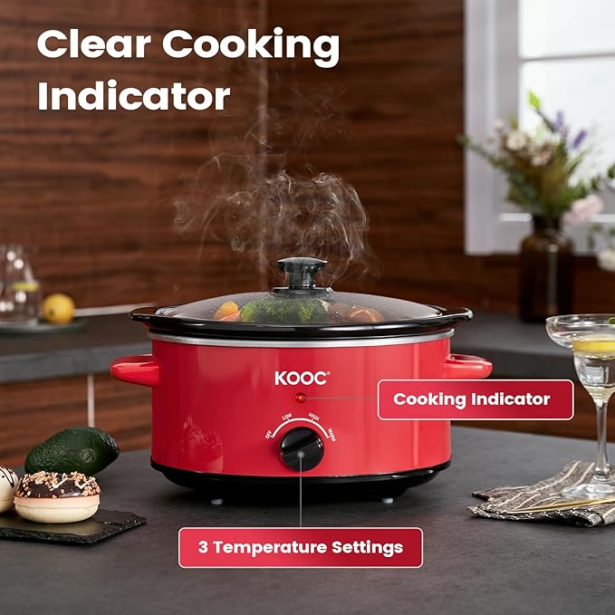 KOOC 4-Quart Slow Cooker, 3 Cooking Settings, Dishwasher Safe Ceramic Crock, Lid, Free Pot Liners Included, RED, Ellipse Pot