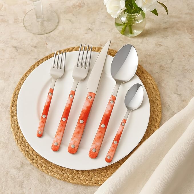 Khen 20-Piece Cutlery Set with Dinner Knives, Forks, Spoons, Salad Forks & Teaspoons ??Durable and Dishwasher Safe Utensil Set for Home, Kitchen, Weddings & Occasions - Blush Storm Pattern Handle
