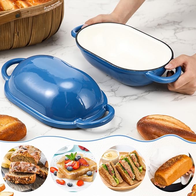 Maxdot 4qt Dutch Oven with Lid Enameled Cast Iron Sourdough Bread Pan for Christmas Baking Non Stick Single with Loop Handles for Christmas Family Homemade Breadbaking(Blue)