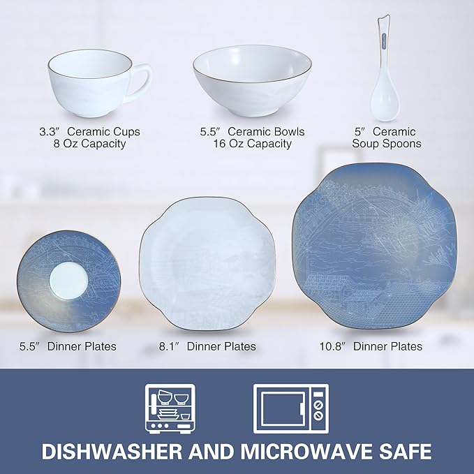 Blue 24 Piece Porcelain Dinnerware Set,Bone china for 4, Plates and Bowls Sets With Beautiful Pattern, Highly Chip and Crack Resistant | Dishwasher Safe Dishes Set (Deep Blue + Pattern)