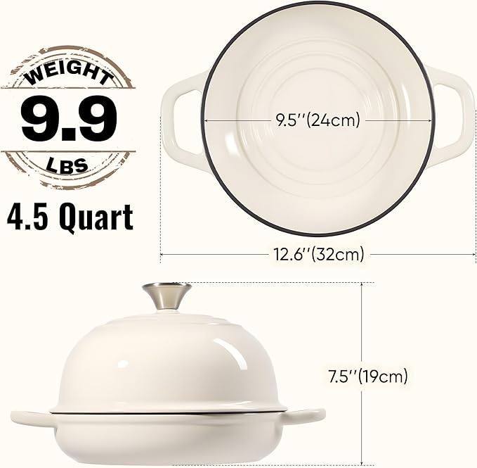 4.5 QT Dutch Oven for Bread Baking, Cast Iron Bread Oven for Sourdough, Enamelled Bread Dutch Oven with Lid, Heavy-Duty Non Stick Bread Pot, Beige