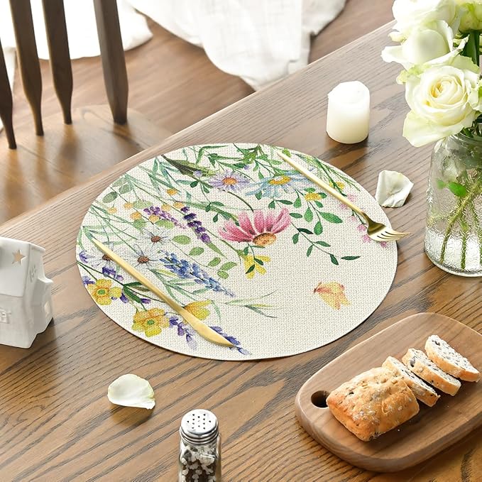 Artoid Mode Daisy Eucalyptus Lavender Floral Leaves Round Spring Placemats Set of 4, 14 Inch Summer Round Table Mats for Dining Decoration