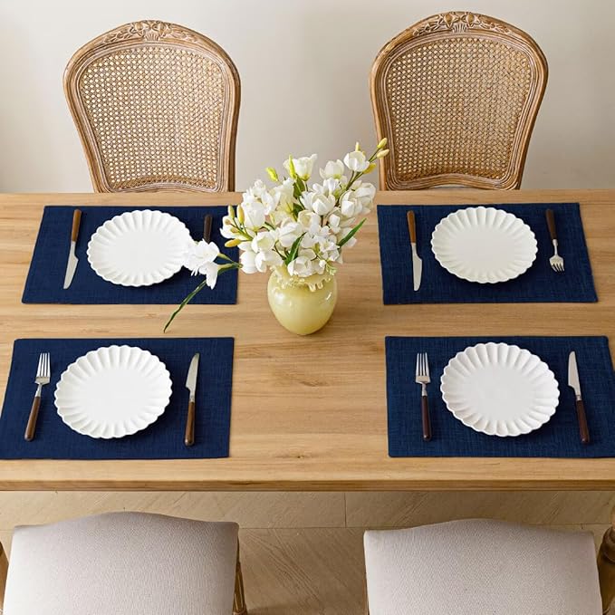 Aironment Placemats Set of 6, Bilayer Thickened Linen Place Mats Heat Resistant Machine Washable Wrinkle Free Carefully Selected Polyester Mats for Kitchen/Dining/Coffee Table (Navy Blue)