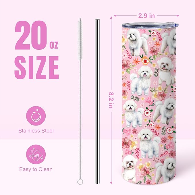 Yogusut Bichon Frise Gifts for Women, 20oz Stainless Steel Insulated Tumbler Travel Mug Cup with Lid Straw Brush, Gifts for Dog Mom Dog Lover