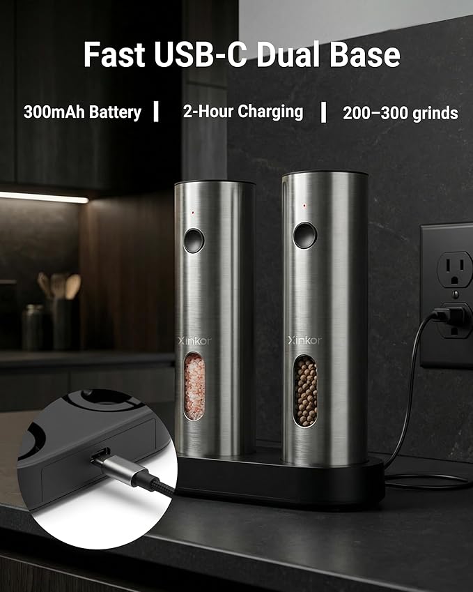 Electric Salt and Pepper Grinder Set with USB-C Rechargeable Base, Large Capacity Stainless Steel Mills with Durable Ceramic Burr, Adjustable Coarseness, LED Light, Refillable, for Kitchen BBQ