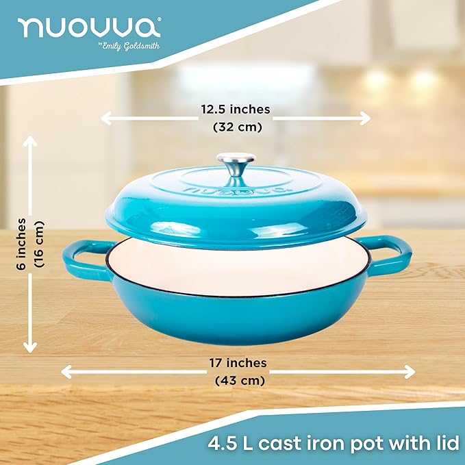 Shallow Cast Iron Casserole with Lid ??Non Stick Dutch Oven Pot, Oven Safe up to 500째 F ??Sturdy Ovenproof Stockpot Cookware ??Enamelled Cooking Pot ??Blue, 5-Quart, 32cm ??by Nuovva