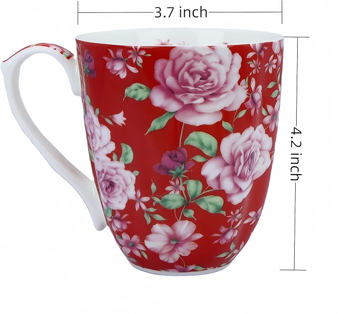 14oz Bone China Coffee Mugs for Women Floral Coffee Mug Tea Cups Novetly Coffee Cups Gift for Women Mom Friends (Bright red rose)