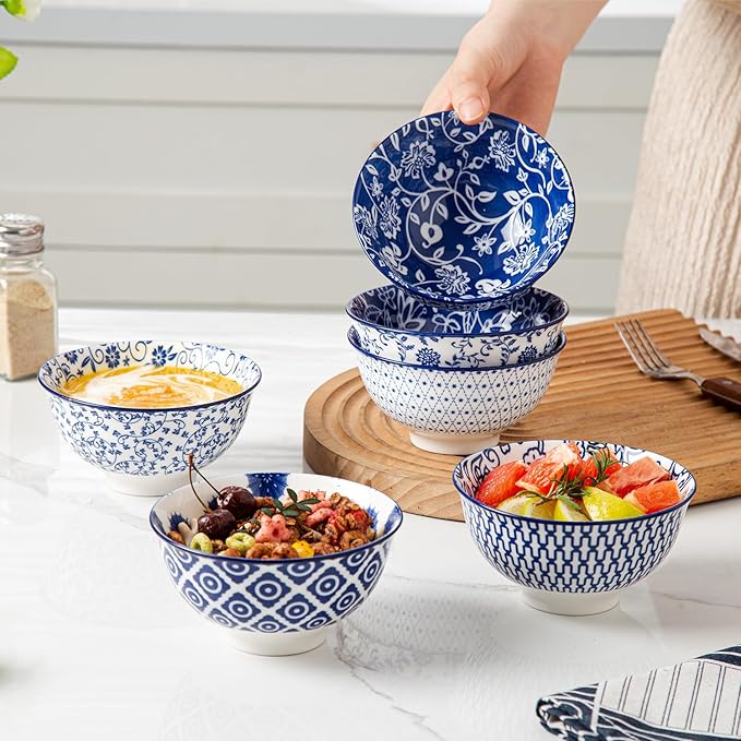 Cerkik Ceramic Dessert Bowls Set - Small 12 Oz Cereal Bowls - 4.75 Inch Ice Cream Bowls for Fruit, Snack, Side Dishes, Dipping Sauce - Microwave Dishwasher Safe - Set of 6 - Vintage Blue
