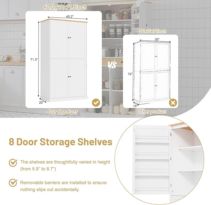Zateety High Freestanding Kitchen Pantry Large Cupboard Storage Cabinet with 2 Drawers, 2 Adjustable Shelves, 8 Door Shelves for Kitchen, Dining Room,White