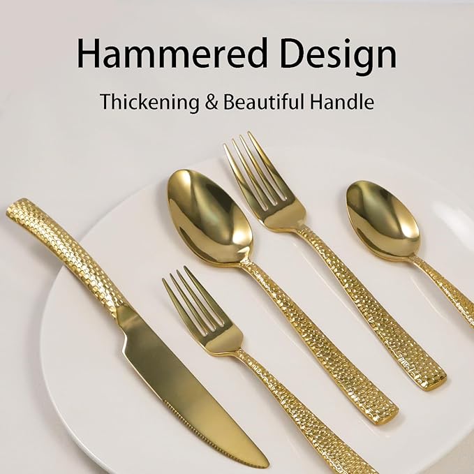 Gold Hammered Silverware Set, 20 Piece Stainless Steel Flatware Set for 4, Food-Grade Tableware Cutlery Set for Home Restaurant, Mirror Polished, Dishwasher Safe