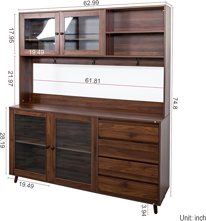 63" W Large Kitchen Hutch Cabinet, Freestanding Pantry Storage Cabinet with Hutch, 4 Doors 4 Drawers & Microwave Shelf, Buffet Sideboard Cupboard for Dining Room Kitchenette, Walnut