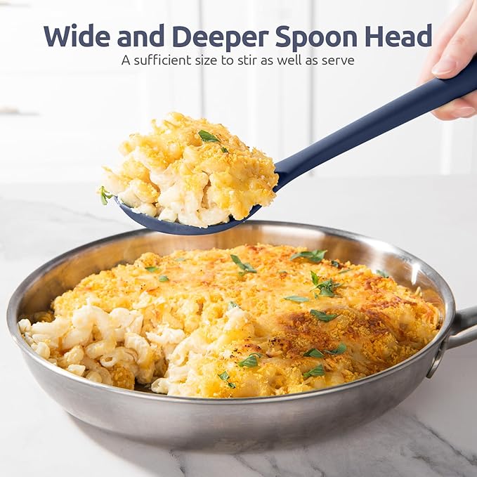 600쨘F Heat Resistant Silicone Spoon: U-Taste 13.3in Solid Kitchen Cooking Spoon, Nonstick Food Grade Large Soup Rubber Utensil for Mixing, Serving, Stirring, Basting, for Pot Cookware (Midnight Blue)