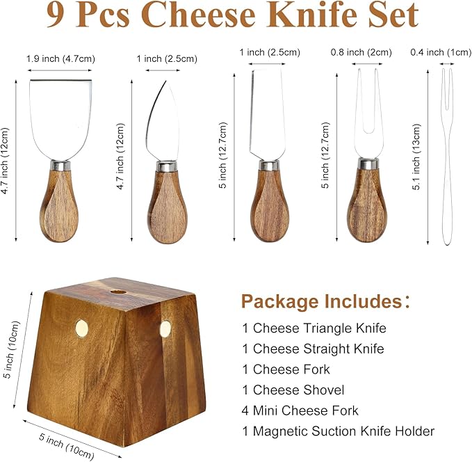 9 Pack Cheese Knives with Holder Acacia Wood Charcuterie Serving Utensils Supplies Cheese Knife Set for Charcuterie Board Accessories Cheese Tools Gift Mini Butter Knife Spreader Slicer Fork
