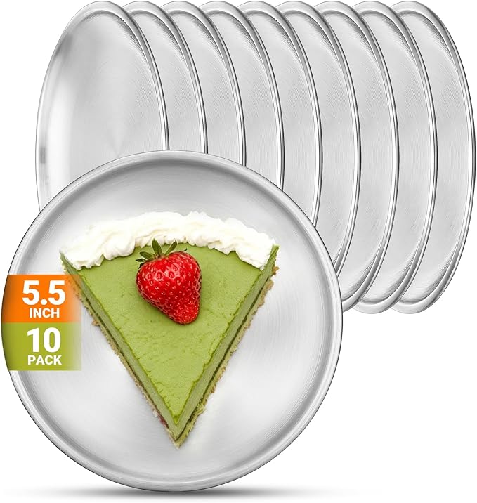 Stainless Steel Plates, 10 Pack 5.5 inch Mini 201 Metal Food Serving Plate Set, Reusable Snack Eating Dishes Round Shatterproof Silver Brushed Finish Dishes for BBQ Dinner Oven Dishwasher Safe