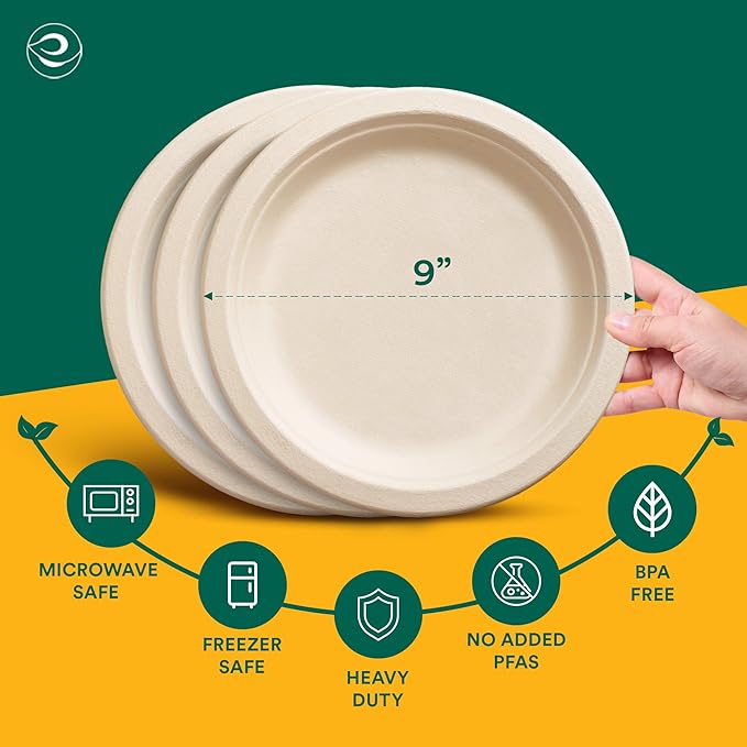 ECO SOUL Compostable 9 Inch(100-Pack) Biodegradable Heavy-Duty Disposable Eco-Friendly Paper Plates for Christmas Dinner & Parties, Wedding, Event
