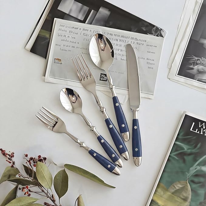 Retro Blue 20-Piece Silverware Set, 304 Riveted Stainless Steel Cutlery Set, Vintage Flatware Set with Blue Bakelite Handle, Dishwasher Safe| Service for 4