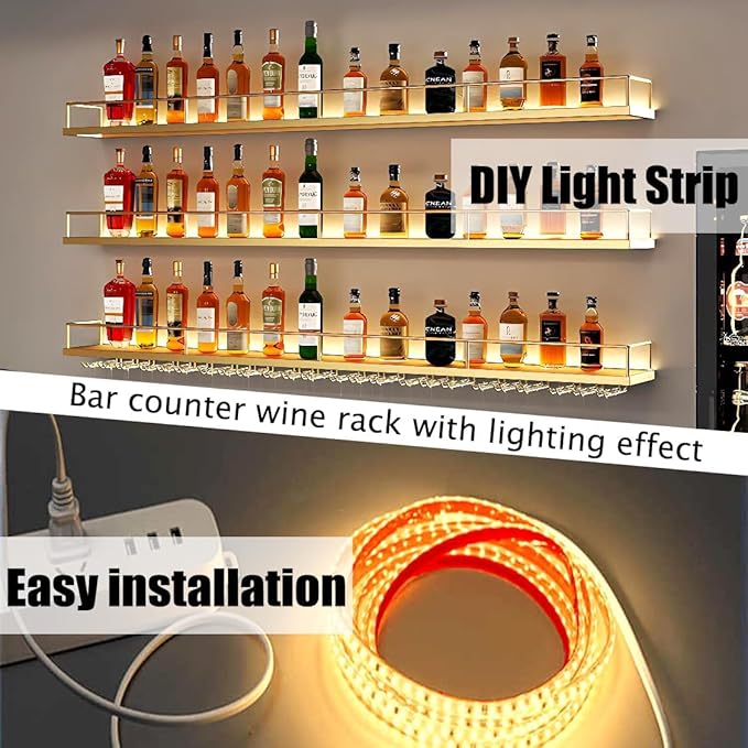 Metal Wall Mounted Wine Rack with LED Light, 3 Tiers Liquor Bottles Floating Shelves with Glass Holder, Wine Shelf Industrial Bar Shelves for Home Bar Dining (Gold, 140cm/55in)