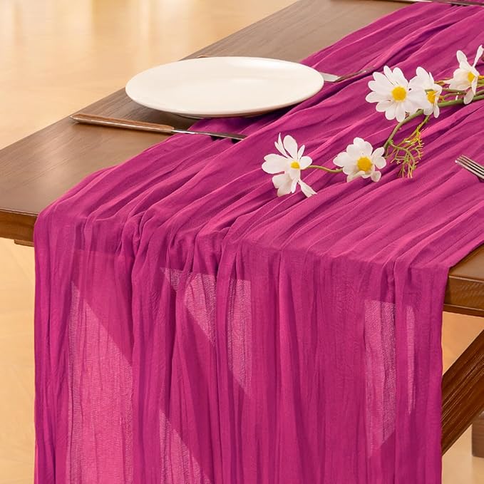 Socomi 3pcs Fuschia Spring Cheesecloth Table Runner Boho Rustic Gauze 120 inch 10FT Cheese Cloth Runner for Wedding Party Baby Shower Birthday Home Decor