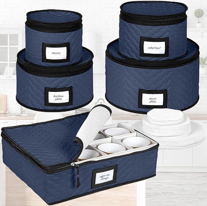 China Storage Containers 5-Piece Set Moving Boxes for Dinnerware, Glasses, Plates, Mugs and Saucers Sturdy Quilted Microfiber Dish Organizer with Dividers for Seasonal Storage - Holds Set of 12, blue