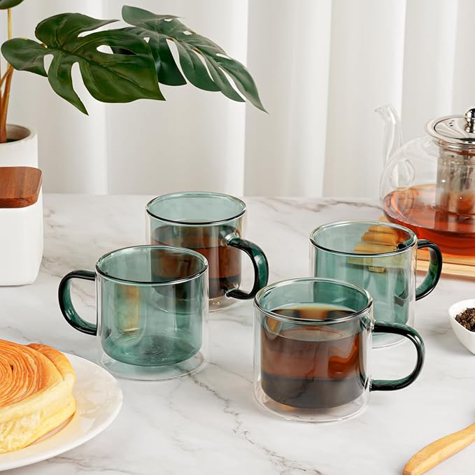 Double Wall Insulated Glass Tea Cups Set of 4, Clear Borosilicate Espresso Shot Cups for Espresso Machine, Glass Teacups Coffee Mugs with Handle for Cappuccino Latte, Green, 10OZ/280ML