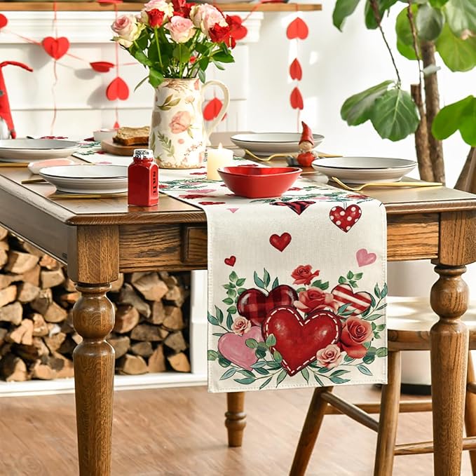 Artoid Mode Red Roses Flowers Eucalyptus Valentine's Table Runner, Wedding Kitchen Dining Table Decoration for Home Party Decor 13x72 Inch